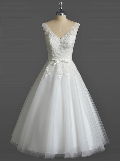 Tulle V-neck Tea-length Ball Gown with Sashes / Ribbons Wedding Dresses #PWD00023031