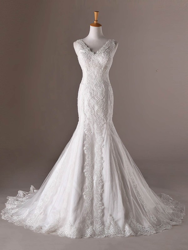 Tulle V-neck Sweep Train Trumpet/Mermaid with Appliques Lace Wedding Dresses #PWD00023032