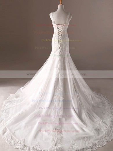 Tulle V-neck Sweep Train Trumpet/Mermaid with Appliques Lace Wedding Dresses #PWD00023032