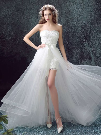 Tulle Lace Strapless Sweep Train A-line with Sashes / Ribbons Wedding Dresses #PWD00023033