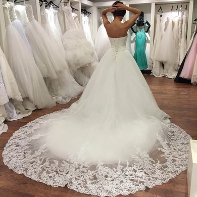 Tulle Sweetheart Chapel Train Ball Gown with Appliques Lace Wedding Dresses #PWD00023034