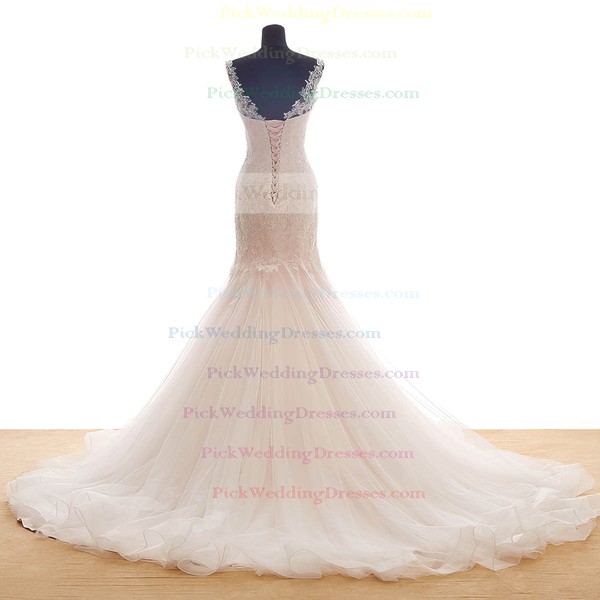 Tulle Scoop Neck Sweep Train Trumpet/Mermaid with Appliques Lace Wedding Dresses #PWD00023036