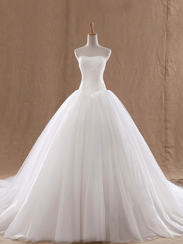Lace Tulle Strapless Court Train Ball Gown with Ruffles Wedding Dresses #PWD00023037