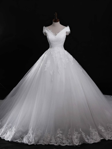 Tulle V-neck Cathedral Train Ball Gown with Appliques Lace Wedding Dresses #PWD00023040