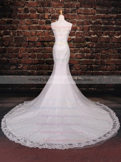 Tulle Scoop Neck Court Train Trumpet/Mermaid with Sequins Wedding Dresses #PWD00023042