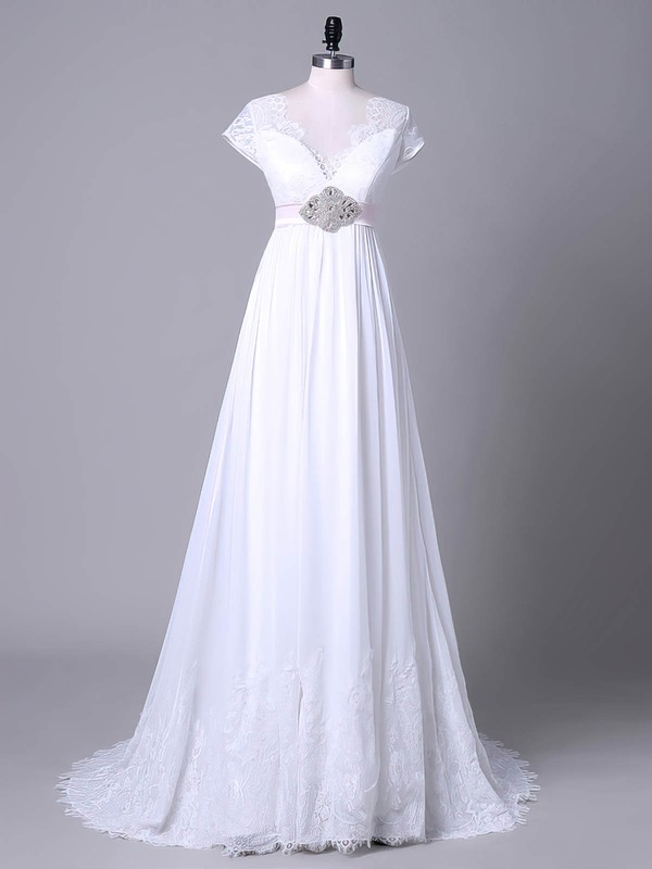 Tulle Chiffon V-neck Sweep Train Empire with Sashes / Ribbons Wedding Dresses #PWD00023045