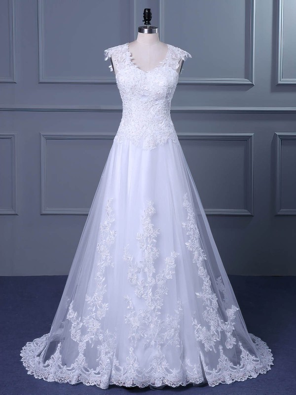 Tulle V-neck Sweep Train Princess with Appliques Lace Wedding Dresses #PWD00023047