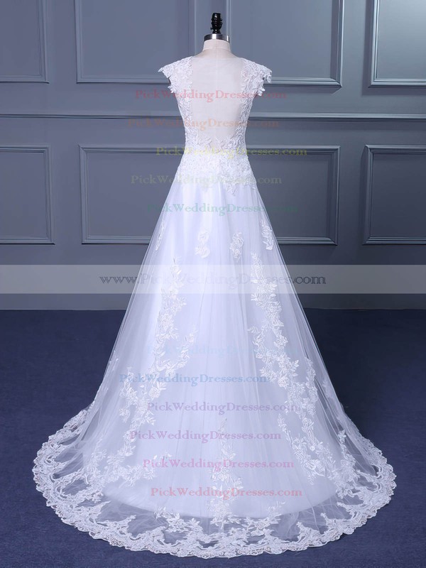 Tulle V-neck Sweep Train Princess with Appliques Lace Wedding Dresses #PWD00023047