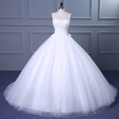 Tulle Sweetheart Court Train Ball Gown with Appliques Lace Wedding Dresses #PWD00023048