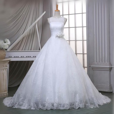 Lace Scoop Neck Sweep Train Ball Gown with Sashes / Ribbons Wedding Dresses #PWD00023051