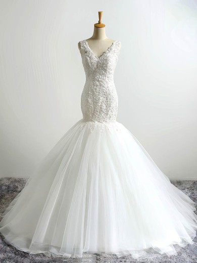 Tulle V-neck Court Train Trumpet/Mermaid with Appliques Lace Wedding Dresses #PWD00023054