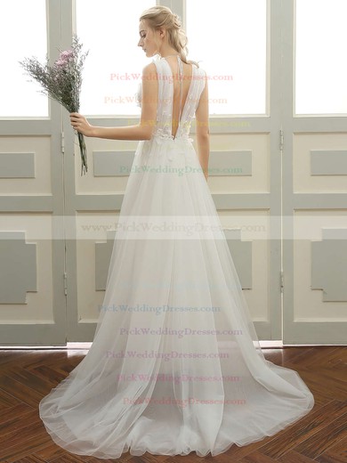 Tulle V-neck Sweep Train A-line with Lace Wedding Dresses #PWD00023057