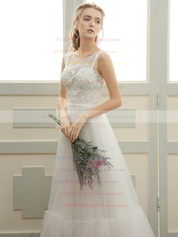Tulle Scoop Neck Floor-length A-line with Sashes / Ribbons Wedding Dresses #PWD00023058
