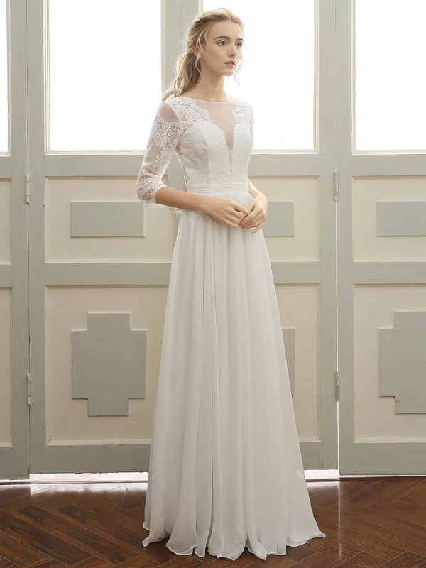 Tulle Chiffon Scoop Neck Floor-length A-line with Appliques Lace Wedding Dresses #PWD00023059