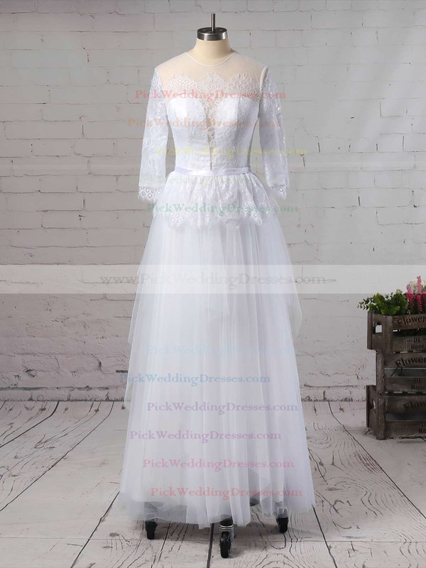Tulle Scoop Neck Floor-length A-line with Sashes / Ribbons Wedding Dresses #PWD00023060
