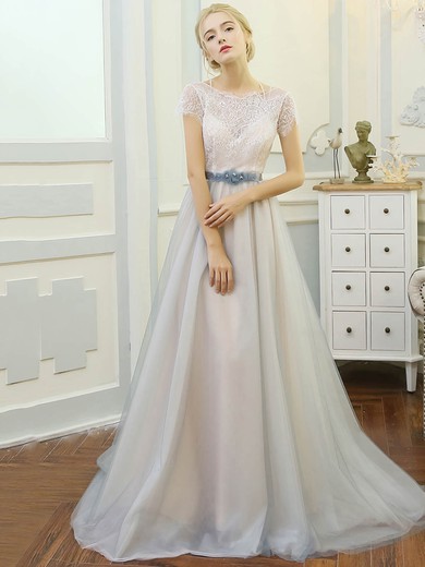 Tulle Lace Scoop Neck Sweep Train A-line with Sashes / Ribbons Wedding Dresses #PWD00023061