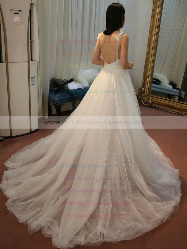 Tulle V-neck Sweep Train Ball Gown with Appliques Lace Wedding Dresses #PWD00023062