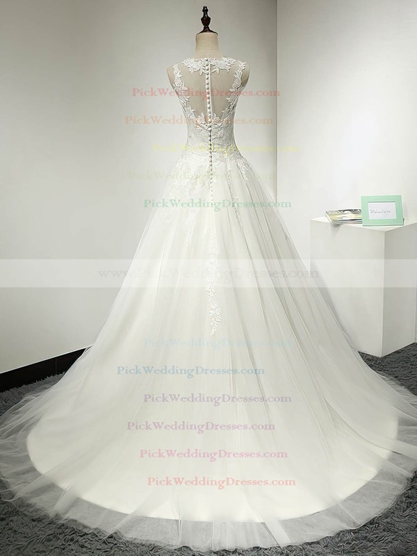 Tulle Scoop Neck Sweep Train Ball Gown with Appliques Lace Wedding Dresses #PWD00023064