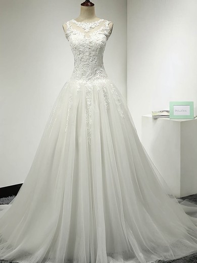 Tulle Scoop Neck Sweep Train Ball Gown with Appliques Lace Wedding Dresses #PWD00023064
