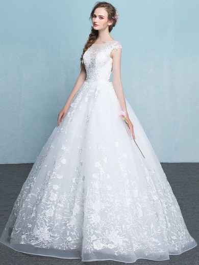 Organza Scoop Neck Floor-length Ball Gown with Appliques Lace Wedding Dresses #PWD00023065