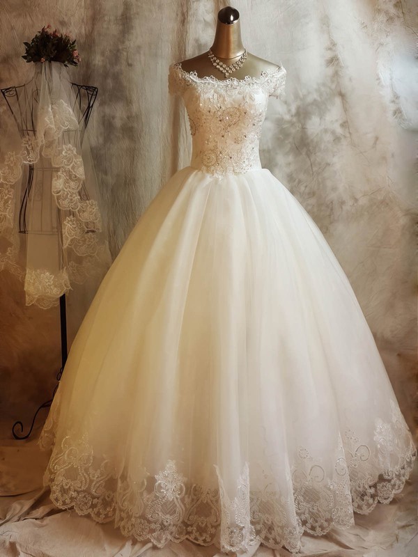 Tulle Off-the-shoulder Floor-length Ball Gown with Beading Wedding Dresses #PWD00023068