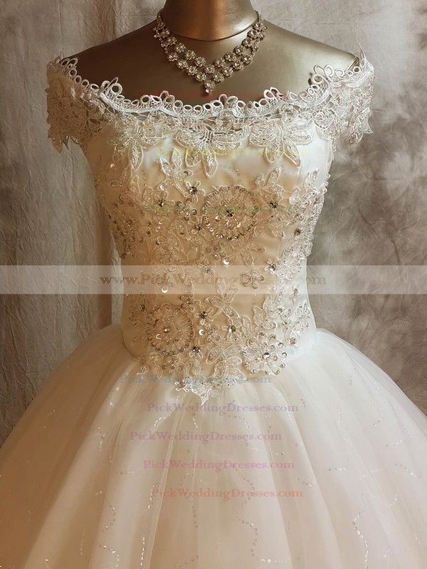 Tulle Off-the-shoulder Floor-length Ball Gown with Beading Wedding Dresses #PWD00023068