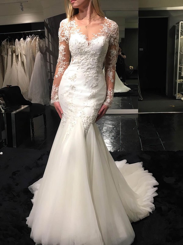 Tulle Scoop Neck Sweep Train Trumpet/Mermaid with Appliques Lace Wedding Dresses #PWD00023070