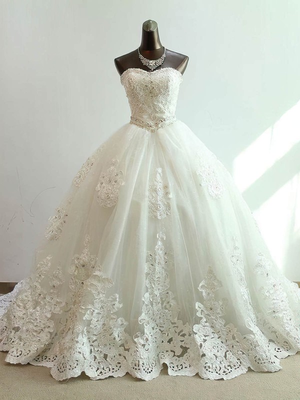 Tulle Sweetheart Chapel Train Ball Gown with Beading Wedding Dresses #PWD00023073