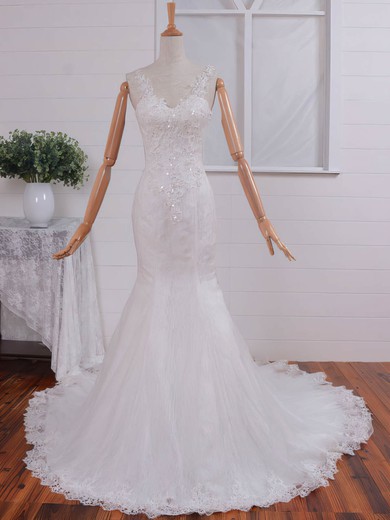 Lace Tulle V-neck Court Train Trumpet/Mermaid with Appliques Lace Wedding Dresses #PWD00023074