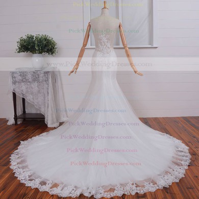 Lace Tulle V-neck Court Train Trumpet/Mermaid with Appliques Lace Wedding Dresses #PWD00023074