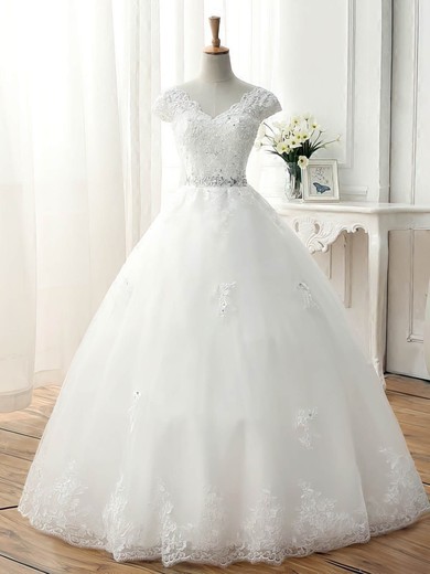 Tulle V-neck Floor-length Ball Gown with Beading Wedding Dresses #PWD00023077