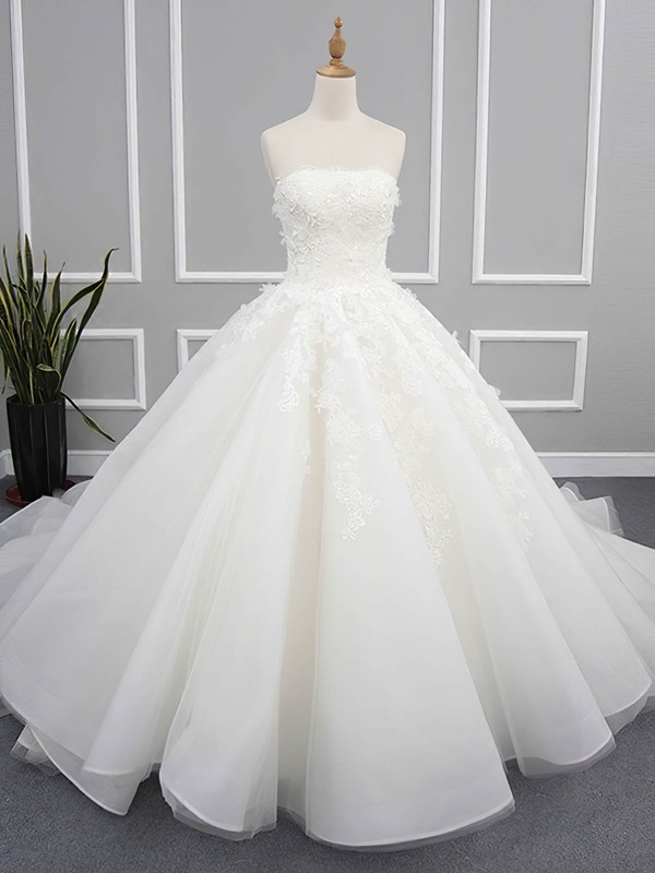 Organza Tulle Strapless Chapel Train Ball Gown with Appliques Lace Wedding Dresses #PWD00023078