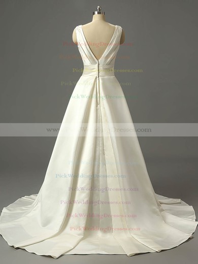 Satin V-neck Sweep Train Ball Gown with Ruffles Wedding Dresses #PWD00023079