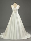 Satin V-neck Sweep Train Ball Gown with Ruffles Wedding Dresses #PWD00023079