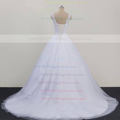 Tulle Scoop Neck Sweep Train Ball Gown with Beading Wedding Dresses #PWD00023081