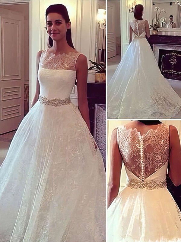 Lace Scoop Neck Sweep Train Ball Gown with Sashes / Ribbons Wedding Dresses #PWD00023084