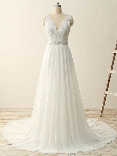 Tulle Chiffon V-neck Sweep Train A-line with Sequins Wedding Dresses #PWD00023086