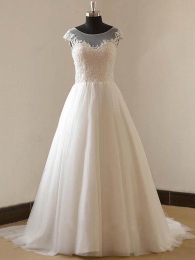 Tulle Scoop Neck Sweep Train Princess with Appliques Lace Wedding Dresses #PWD00023088