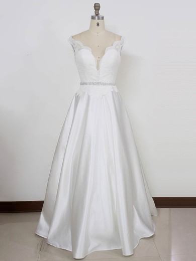 Lace Satin V-neck Sweep Train Princess with Beading Wedding Dresses #PWD00023002