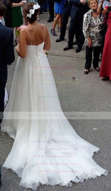 Chiffon V-neck Court Train A-line with Ruffles Wedding Dresses #PWD00023006
