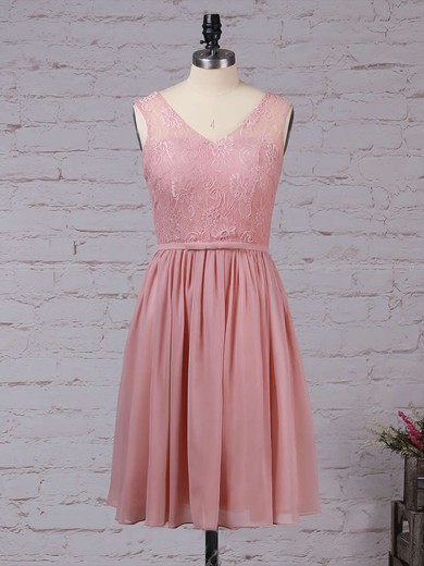 Lace Chiffon V-neck Knee-length A-line Sashes / Ribbons Bridesmaid Dresses #PWD01013497