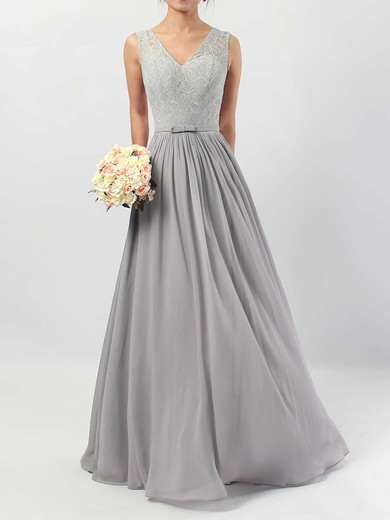 Lace Chiffon V-neck Floor-length A-line Sashes / Ribbons Bridesmaid Dresses #PWD01013498