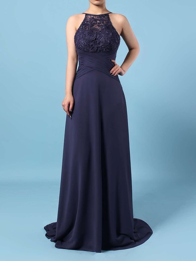Lace Chiffon Scoop Neck Sweep Train A-line Bow Bridesmaid Dresses #PWD01013505