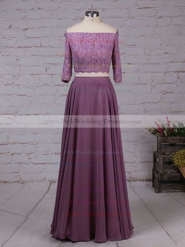 Lace Chiffon Off-the-shoulder Floor-length A-line Bridesmaid Dresses #PWD01013529