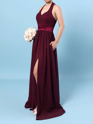 Chiffon Halter Floor-length A-line Sashes / Ribbons Bridesmaid Dresses #PWD01013563