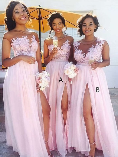 Chiffon Tulle Scoop Neck Floor-length A-line Appliques Lace Bridesmaid Dresses #PWD01013668