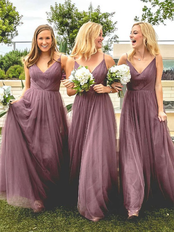 Tulle V-neck Floor-length A-line Ruffles Bridesmaid Dresses #PWD01013670