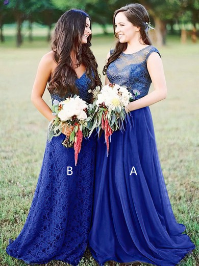 Tulle Scoop Neck Sweep Train A-line Lace Bridesmaid Dresses #PWD01013680