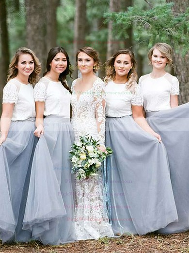 Tulle Scoop Neck Floor-length A-line Lace Bridesmaid Dresses #PWD01013688