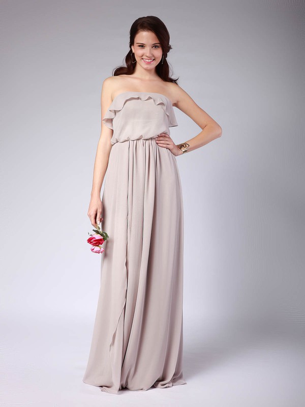 A-line Floor-length Chiffon Pleats Strapless Bridesmaid Dresses #PWD02013608